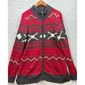 Chaps Womens Cardigan Sweater L Red‎ Gray Southwest Aztec  Zip